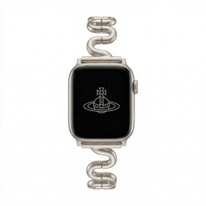 Apple Watch bracelet with wavy metal links, modern S-shaped design, adjustable push-button clasp, Sydia model