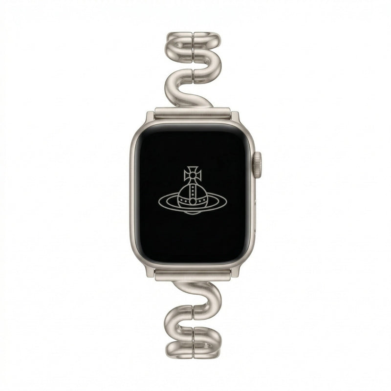 Apple Watch bracelet with wavy metal links, modern S-shaped design, adjustable push-button clasp, Sydia model