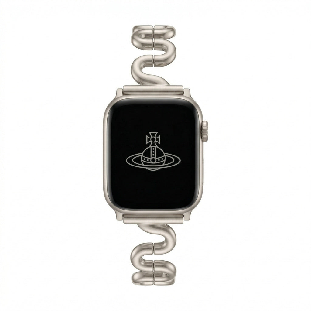 Apple Watch bracelet with wavy metal links, modern S-shaped design, adjustable push-button clasp, Sydia model