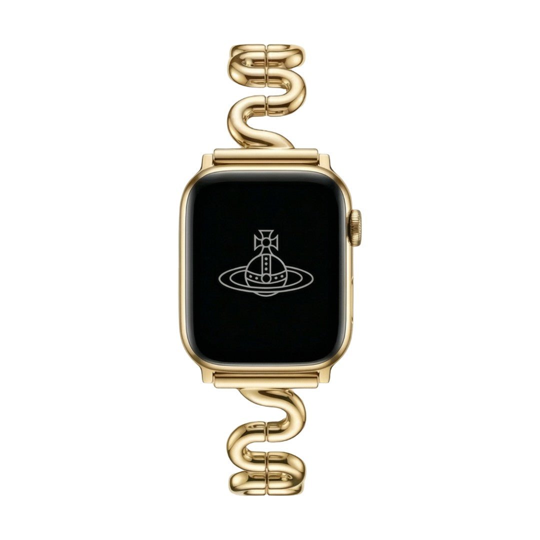 Apple Watch bracelet with wavy metal links, modern S-shaped design, adjustable push-button clasp, Sydia model