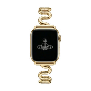 Apple Watch bracelet with wavy metal links, modern S-shaped design, adjustable push-button clasp, Sydia model