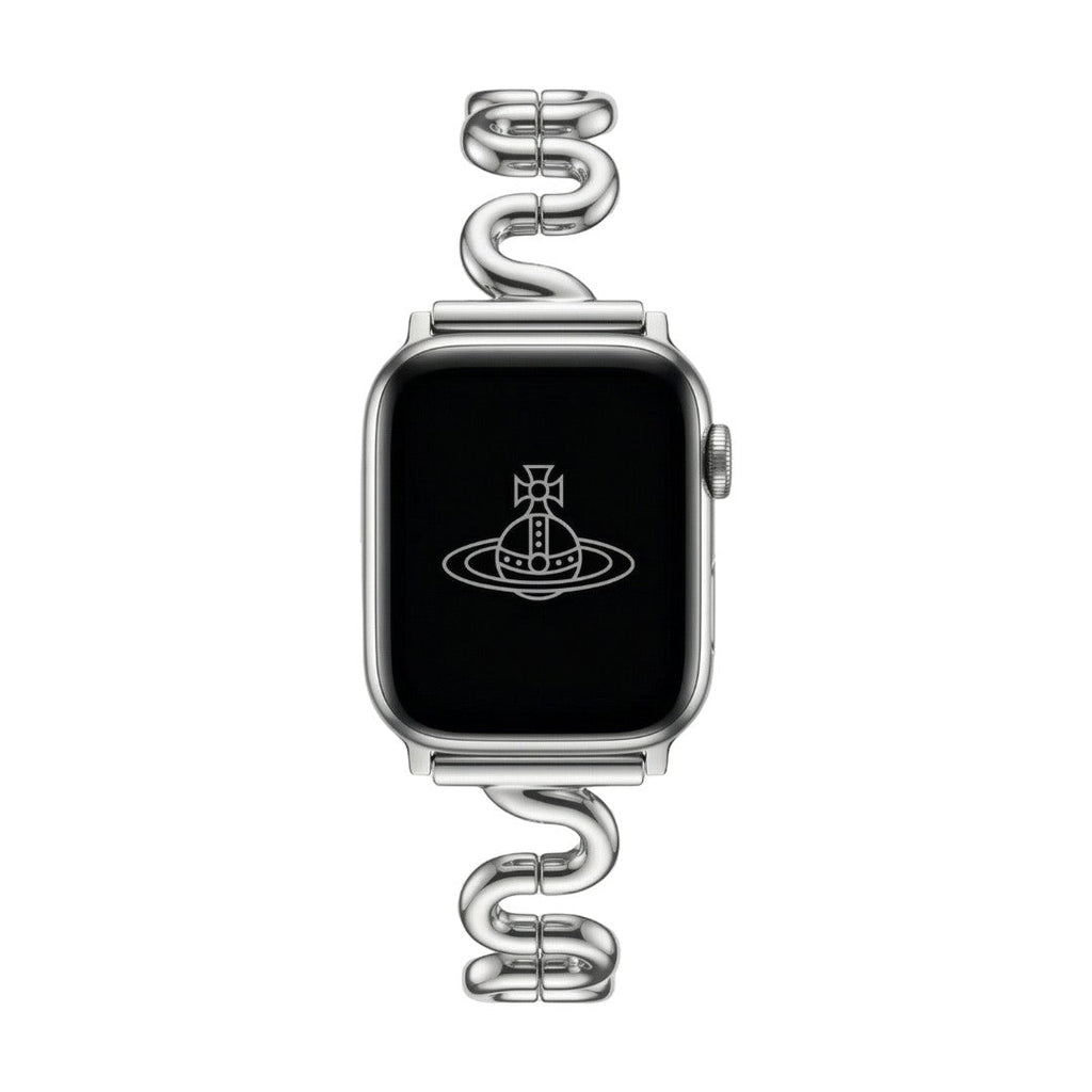 Apple Watch bracelet with wavy metal links, modern S-shaped design, adjustable push-button clasp, Sydia model