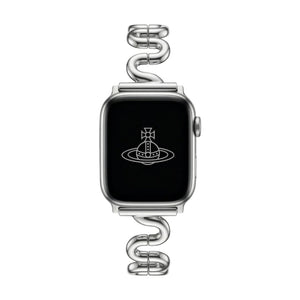 Apple Watch bracelet with wavy metal links, modern S-shaped design, adjustable push-button clasp, Sydia model