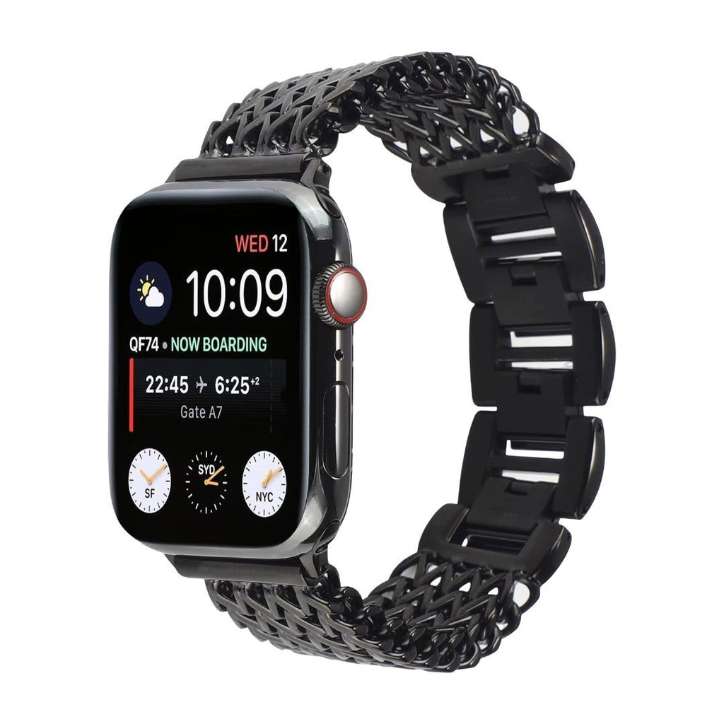 Bracelet Apple Watch maille Spiga noir mat avec maillons larges et ouverture réglable en métal.