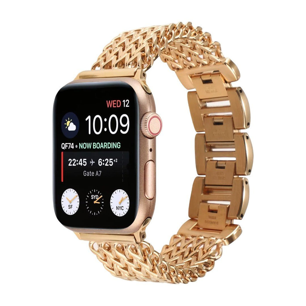Bracelet Apple Watch maille Spiga argentée brillante à maillons fins et tressés, style raffiné et moderne.
