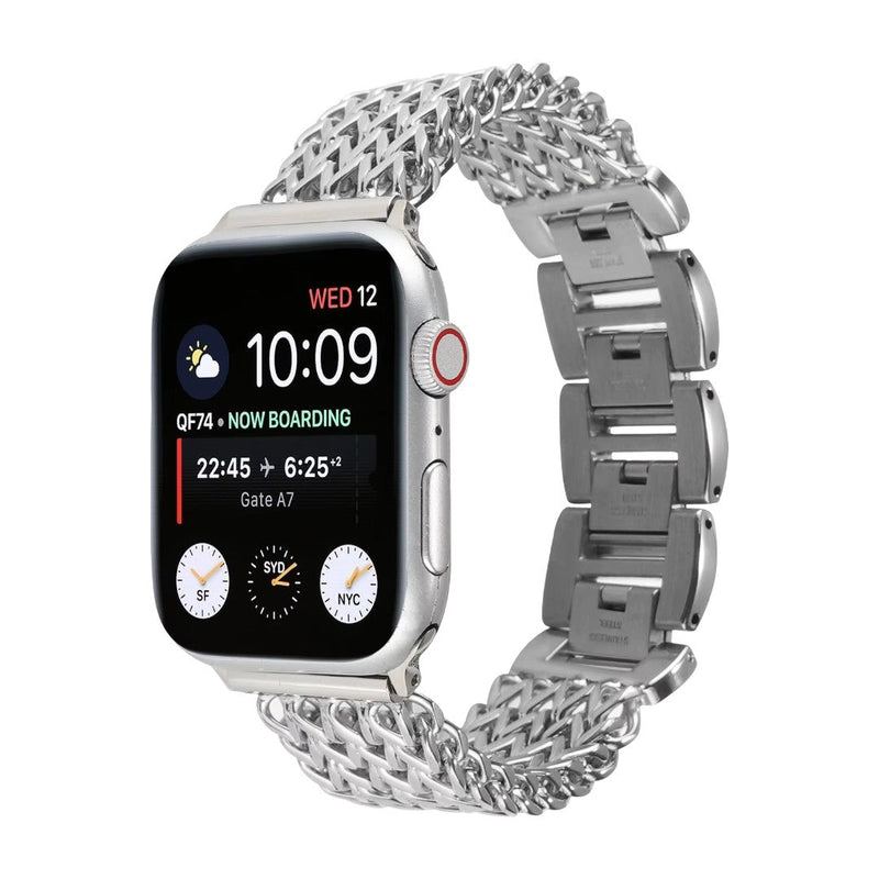 Bracelet Apple Watch maille Spiga argentée brillante avec maillons fins tressés, style moderne et élégant.