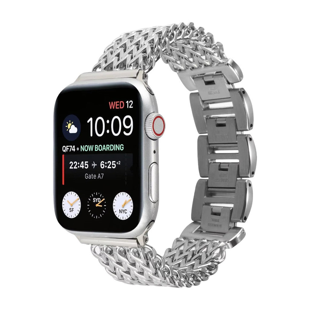Bracelet Apple Watch maille Spiga argentée brillante avec maillons fins tressés, style moderne et élégant.