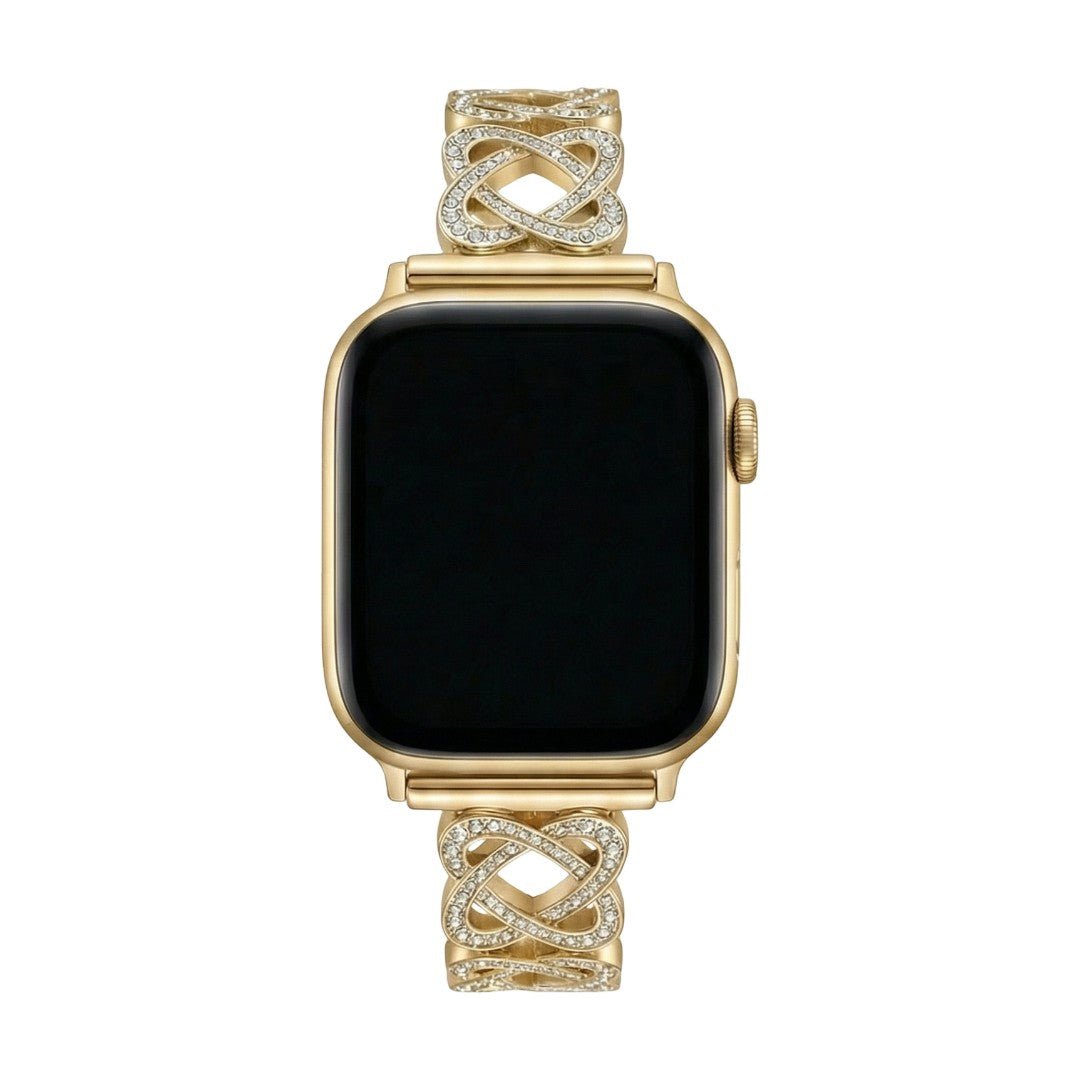 Apple Watch Bracelet with Interlaced Links, Infinity Pattern Set with Zirconia, Clasp Fastening, Zergone Model