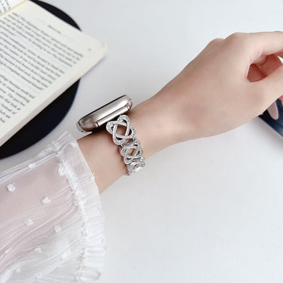 Apple Watch Bracelet with Interlaced Links, Infinity Pattern Set with Zirconia, Clasp Fastening, Zergone Model