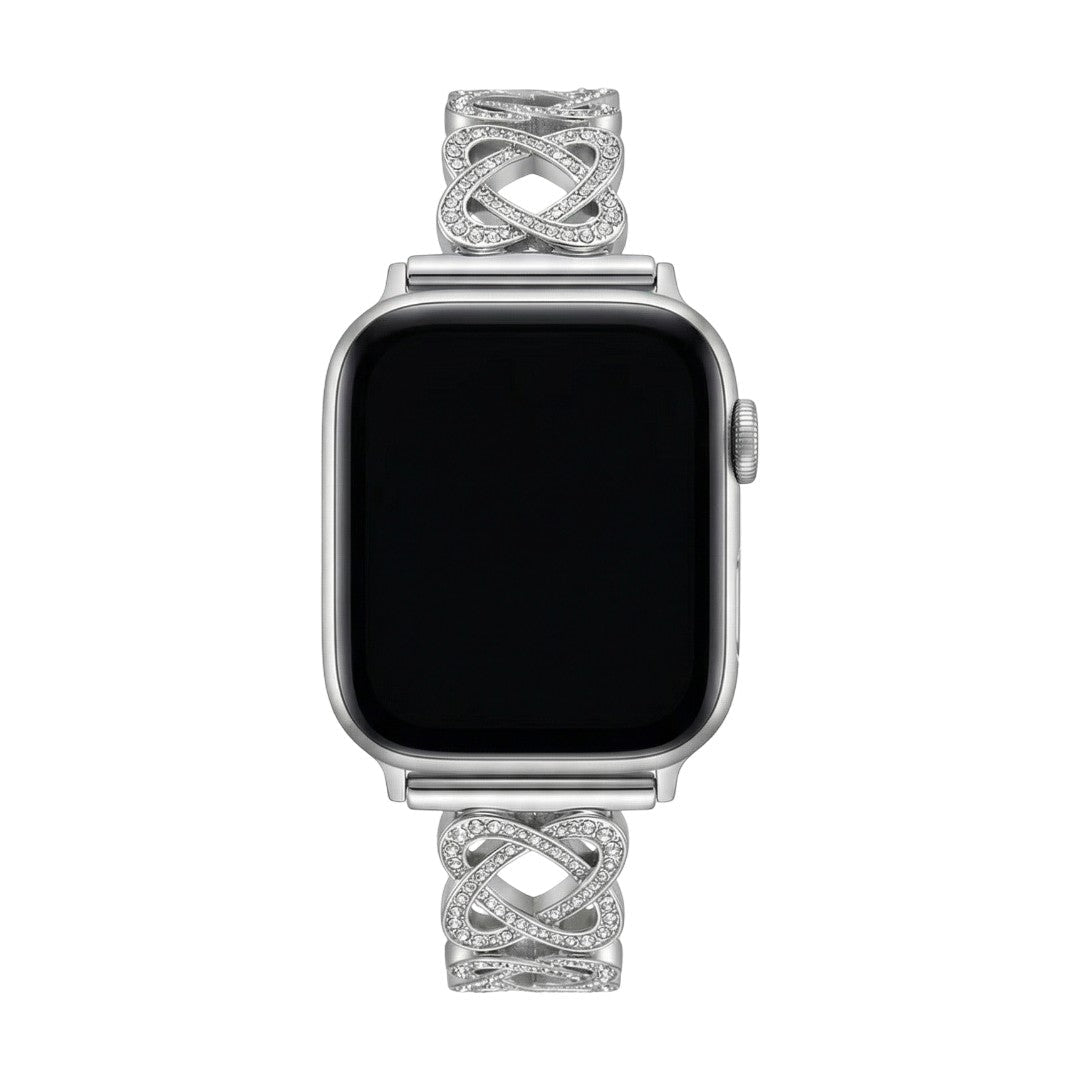 Bracelet Apple Watch métal argenté à mailles entrelacées, motif nœud infini serti de zircons, fermoir à cliquet ajustable, modèle Zergone
