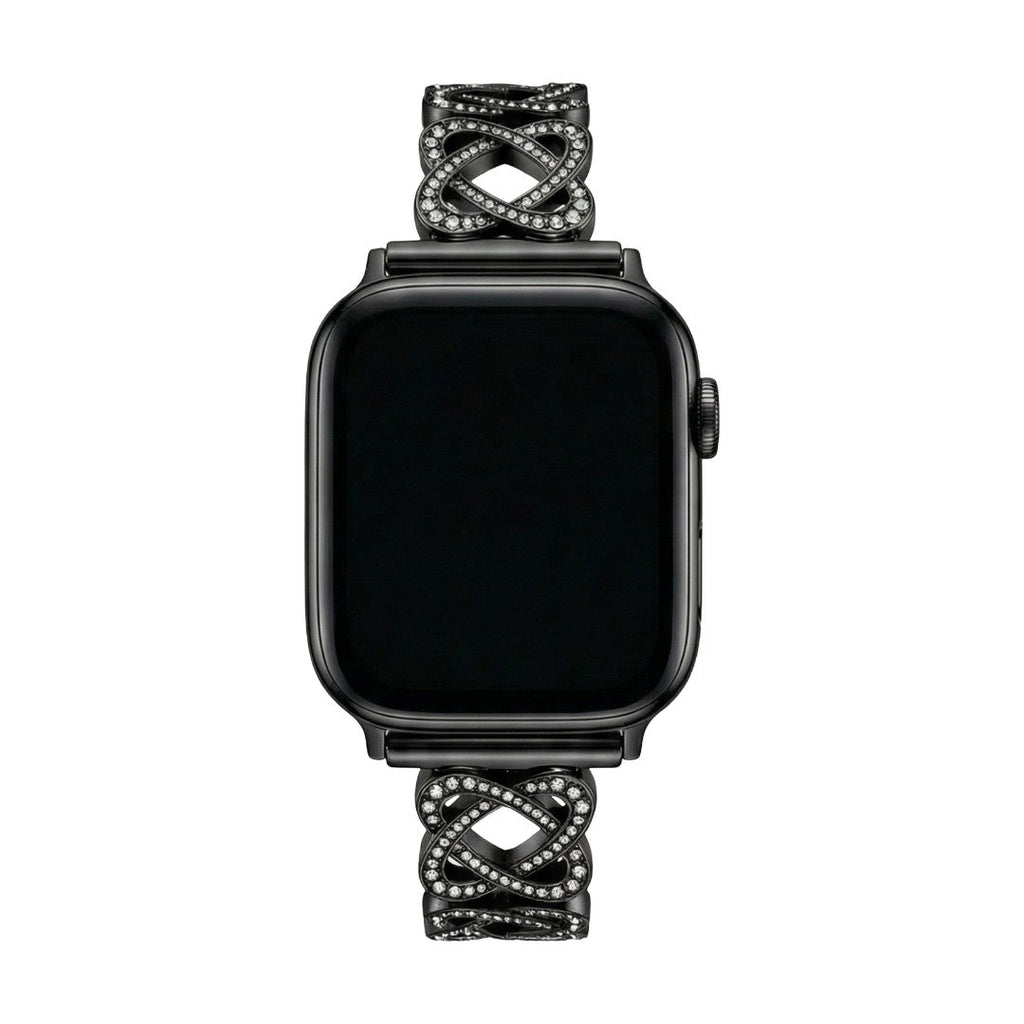 Pulseira para Apple Watch em metal prateado com malhas entrelaçadas, motivo de nó infinito cravejado de zircónias, fecho de encaixe ajustável, modelo Zergone