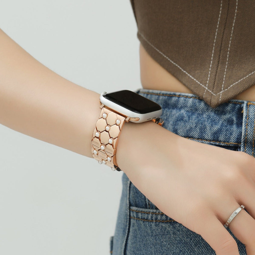 Armband für Apple Watch aus Perlenmetall, elegante geometrische Glieder, edel glänzende Oberfläche, Modell Pita