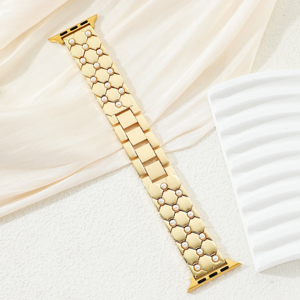 Apple Watch beaded metal bracelet, elegant geometric links, refined polished finish, Pita model