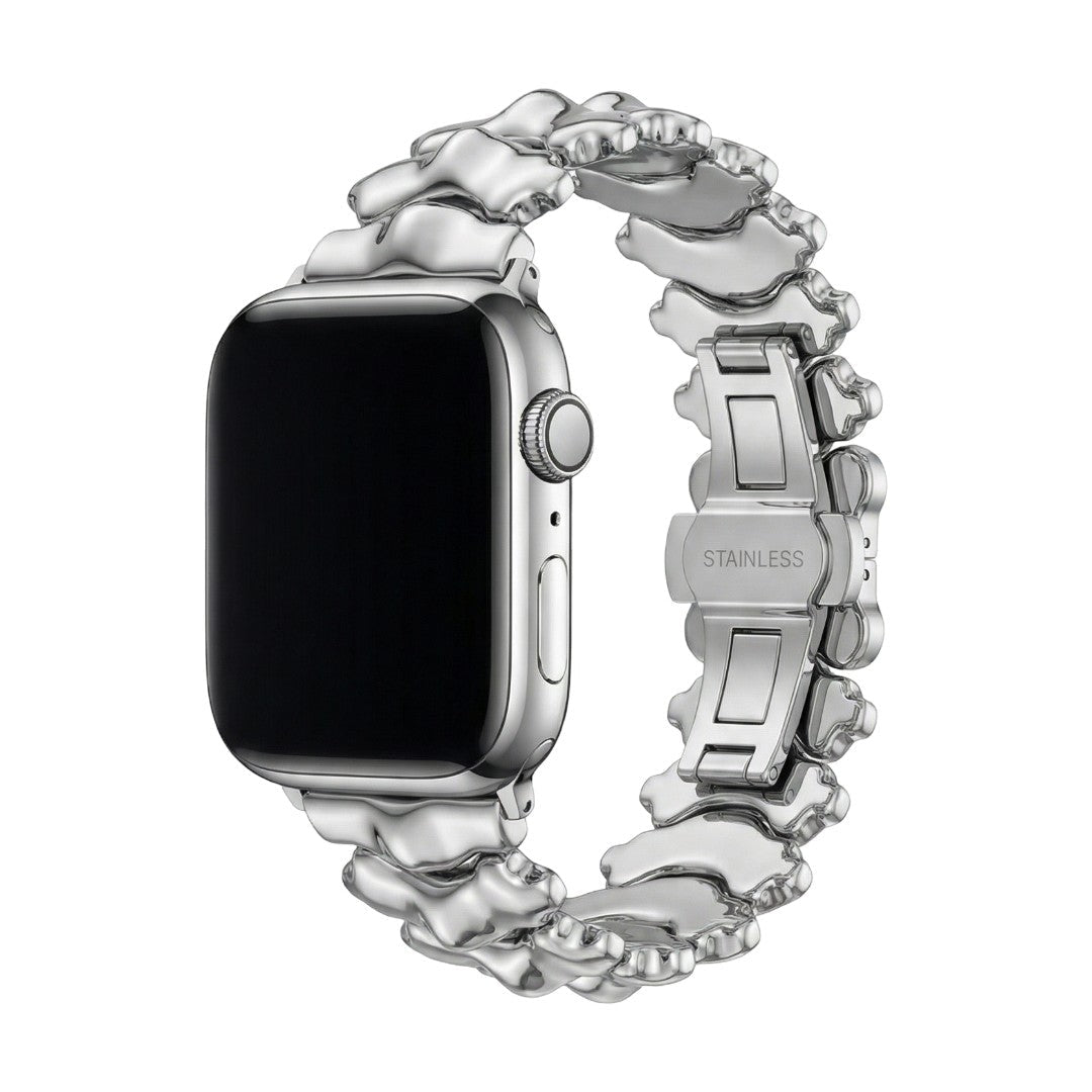 Bracelet Apple Watch métal premium, maillons épais effet sculpté dos de dragon, fermeture papillon invisible élégante, modèle Falkor