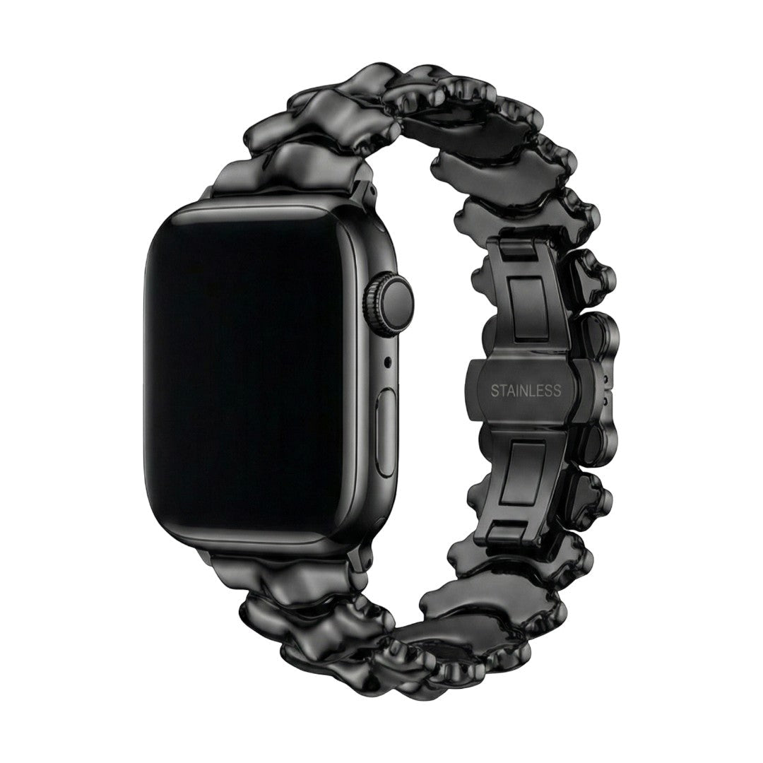 Armband für Apple Watch aus hochwertigem Metall, breite Glieder mit Drachenrücken-Skulptureffekt, elegante unsichtbare Faltschließe, Modell Falkor