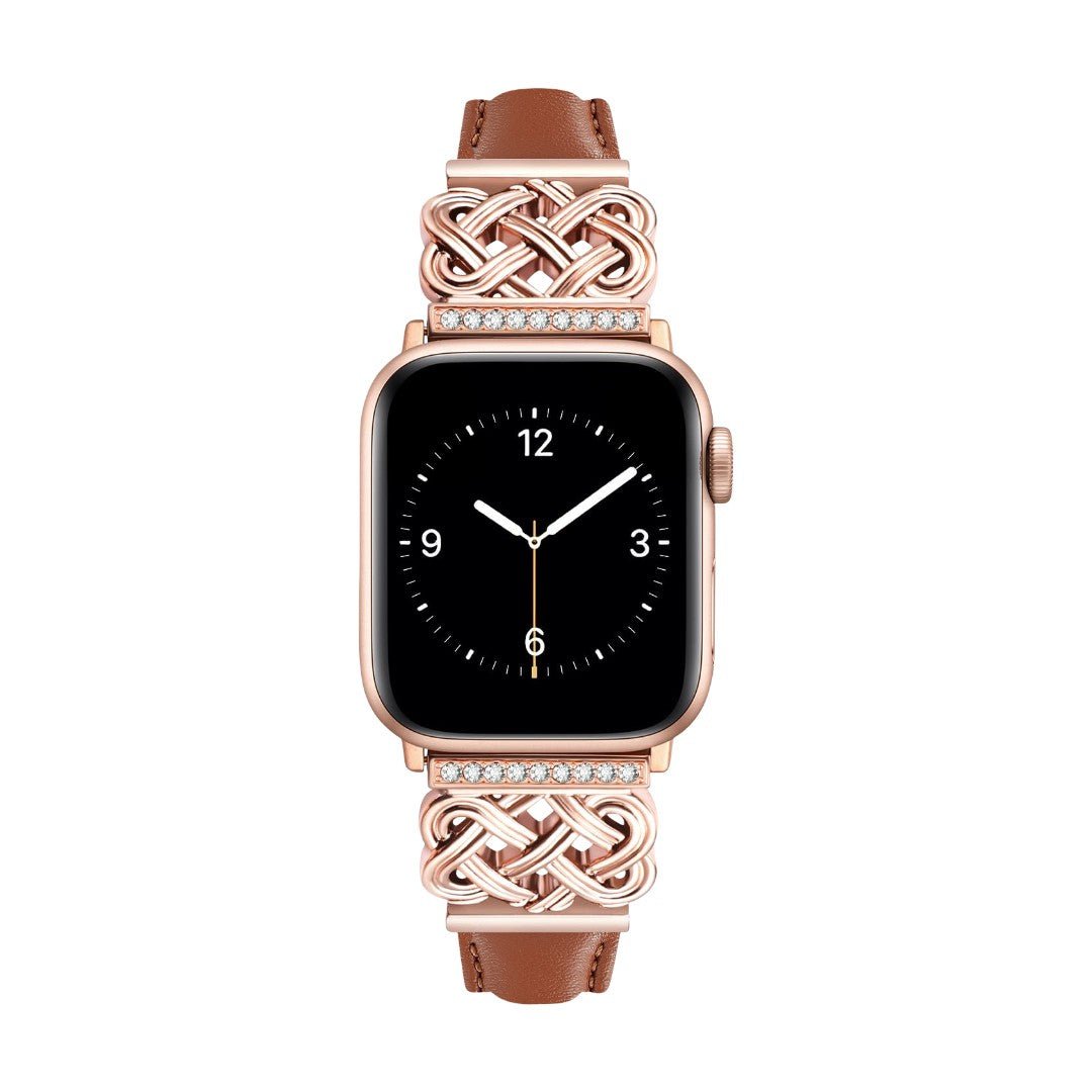 Bracelet Apple Watch en cuir marron avec or rose, motif tressé celtique orné de zircons scintillants.