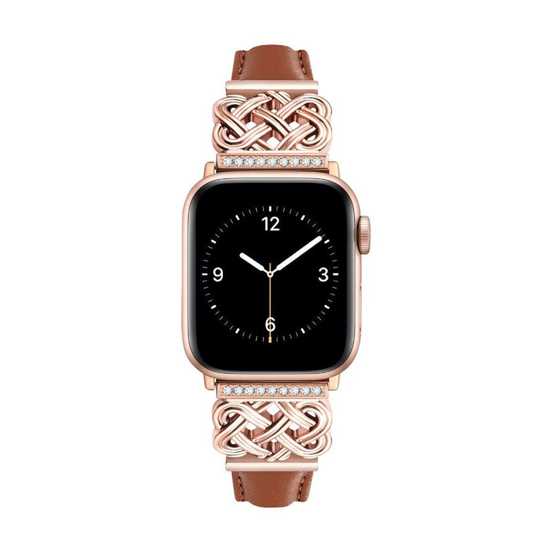 Bracelet Apple Watch en cuir marron avec or rose, motif tressé celtique orné de zircons scintillants.