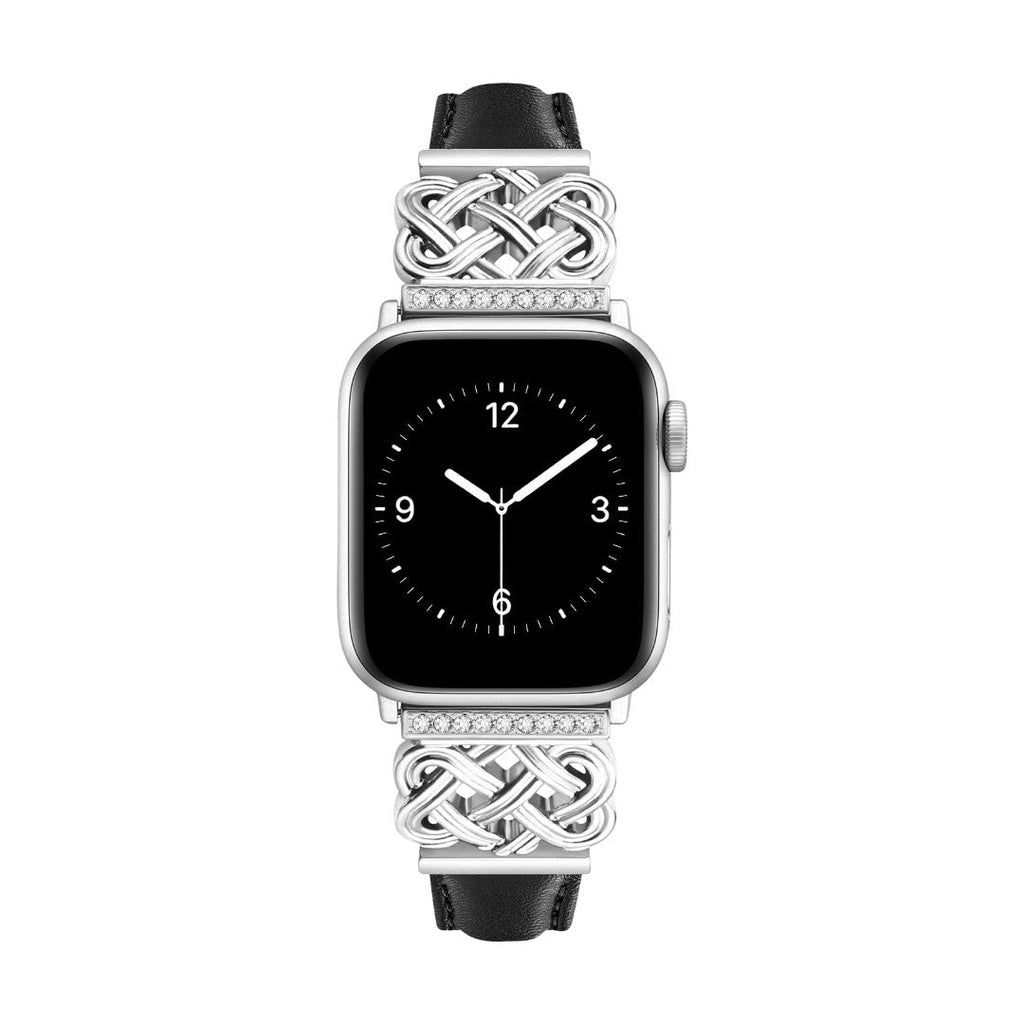 Bracelet Apple Watch noir en cuir avec attaches métalliques argentées à motif celtique tressé orné de zirconiums.