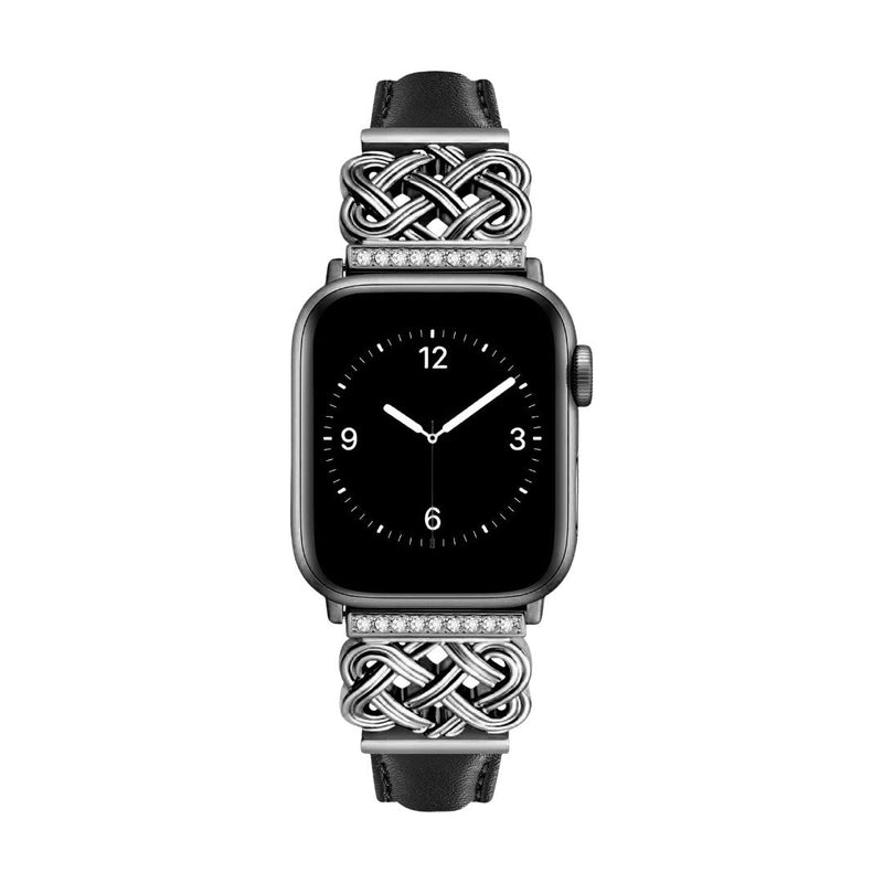 Bracelet Apple Watch noir en cuir avec motifs tressés en métal argenté et zircon, noeud celtique élégant.