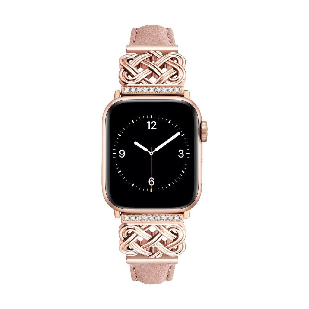 Bracelet pour Apple Watch en cuir rose avec motif tressé celtique en métal doré orné de zircons blancs.