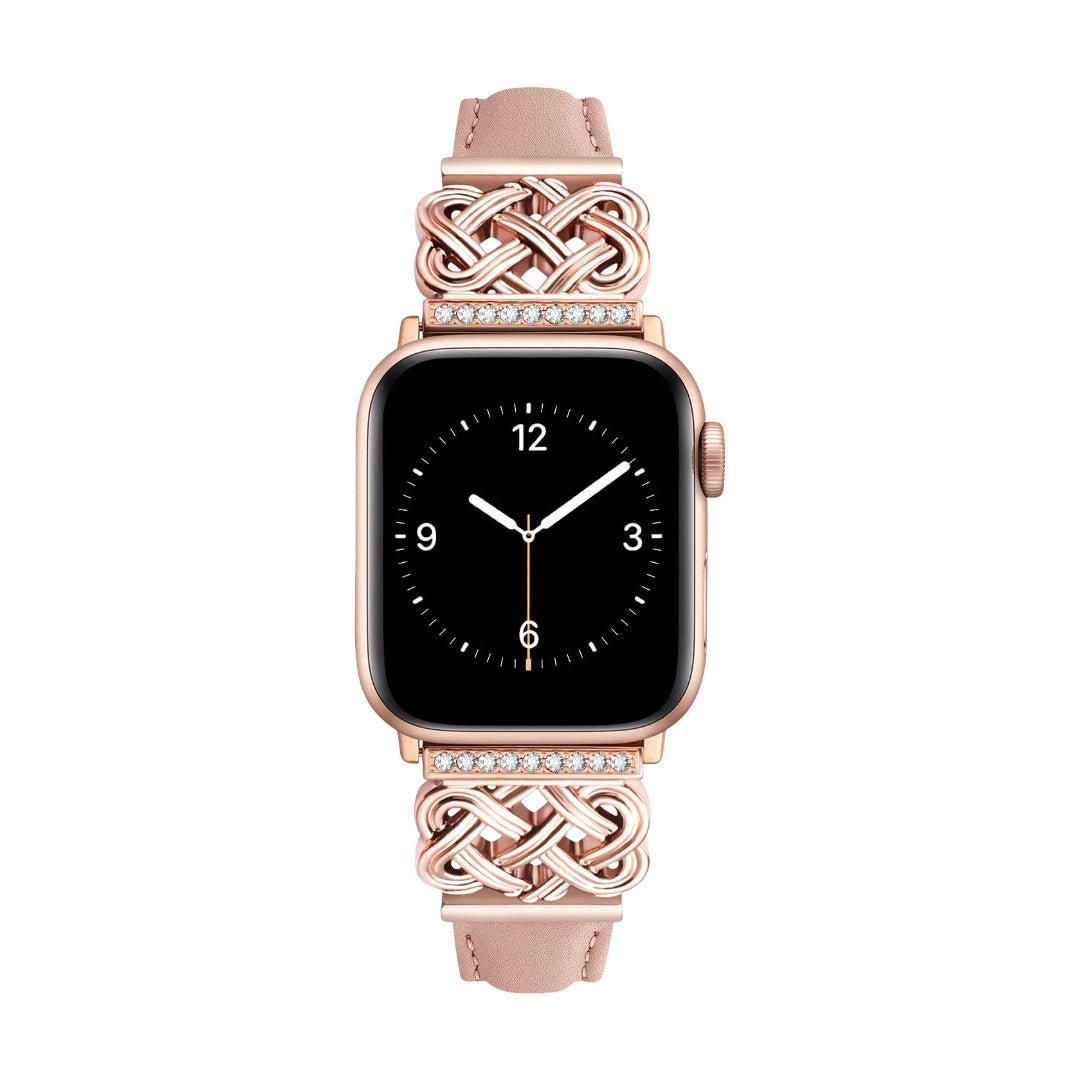 Bracelet pour Apple Watch en cuir rose avec motif tressé celtique en métal doré orné de zircons blancs.