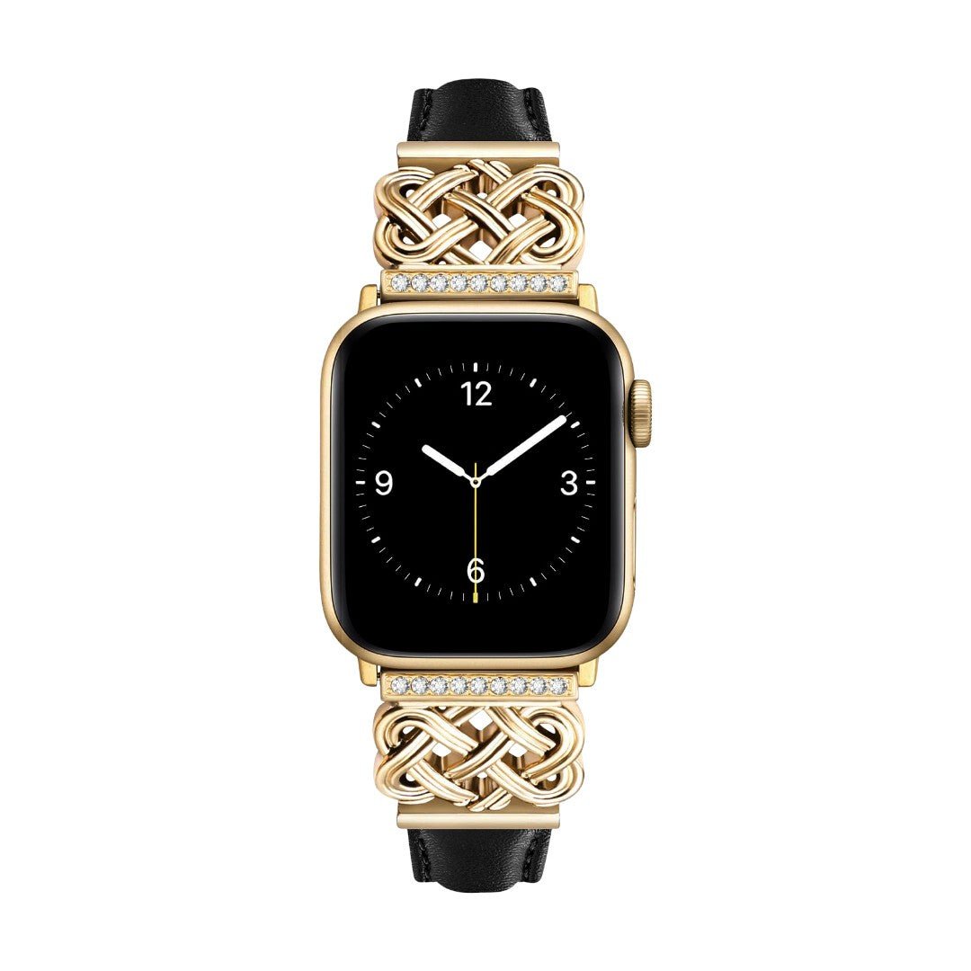 Bracelet Apple Watch en cuir noir et or avec motif tressé celtique orné de zirconiums, style élégant.