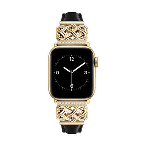 Bracelet Apple Watch en cuir noir et or avec motif tressé celtique orné de zirconiums, style élégant.