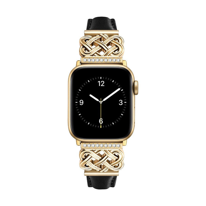 Bracelet Apple Watch en cuir noir et or avec motif tressé celtique orné de zirconiums, style élégant.
