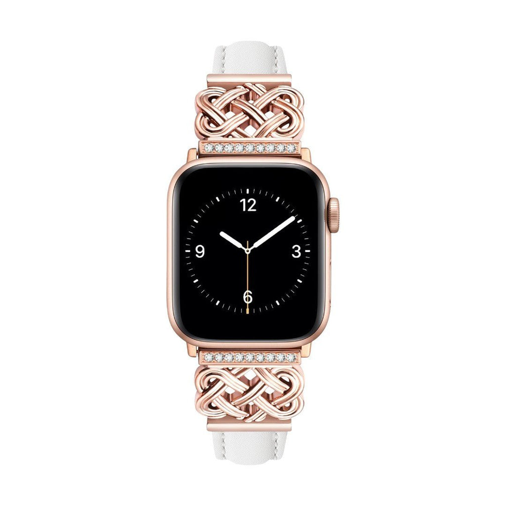 Bracelet blanc en cuir avec détails en métal rose doré tressé et zircon, motif noeud celtique élégant pour Apple Watch.