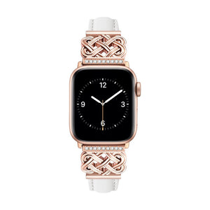 Bracelet blanc en cuir avec détails en métal rose doré tressé et zircon, motif noeud celtique élégant pour Apple Watch.