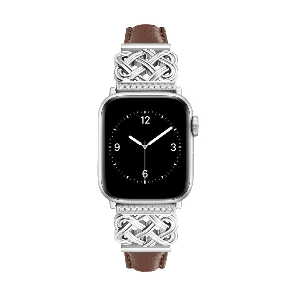 Bracelet Apple Watch en cuir marron avec ornements en métal argenté tressé et noeud celtique serti de zircon.