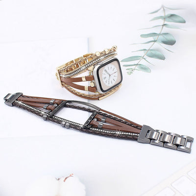 Bracelet multi-rangs en cuir marron avec fermoir métallique noir pour Apple Watch, style bohème chic avec strass brillants,.