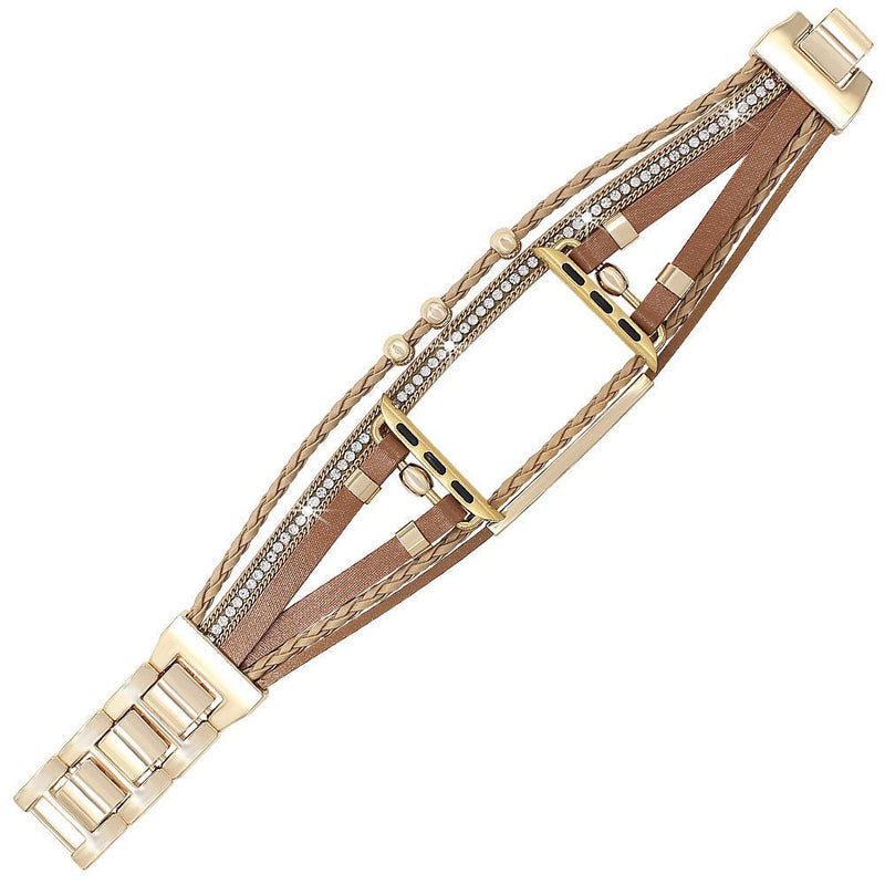 Bracelet multi-rangs pour Apple Watch en cuir et tissu beige avec strass brillants et fermoir métallique doré élégant style.