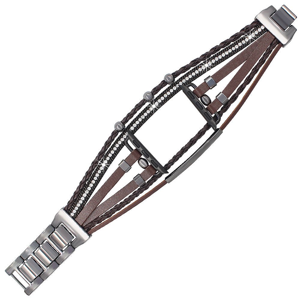 Bracelet multi-rangs pour Apple Watch en cuir marron avec strass noirs et fermoir métallique argenté.