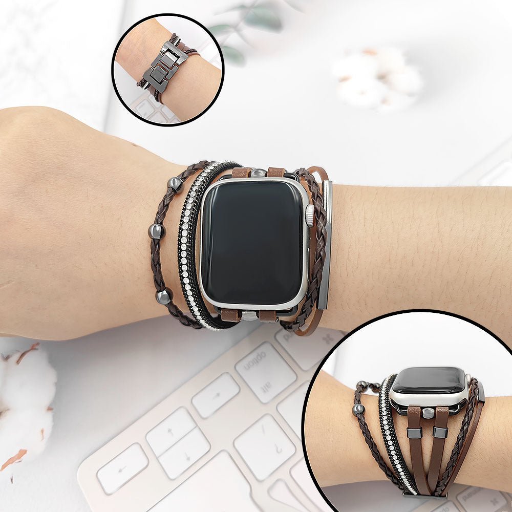 Bracelet multi-rangs brun style bohème avec strass brillants et fermoir métallique pour Apple Watch.