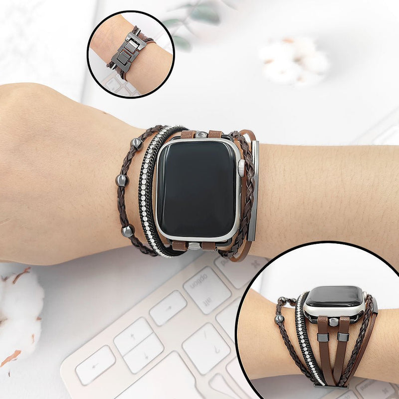 Bracelet multi-rangs brun style bohème avec strass brillants et fermoir métallique pour Apple Watch.