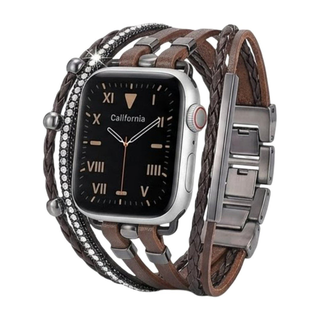 Bracelet multi-rangs en cuir marron avec strass brillants et fermoir métallique pour Apple Watch, style bohème chic.