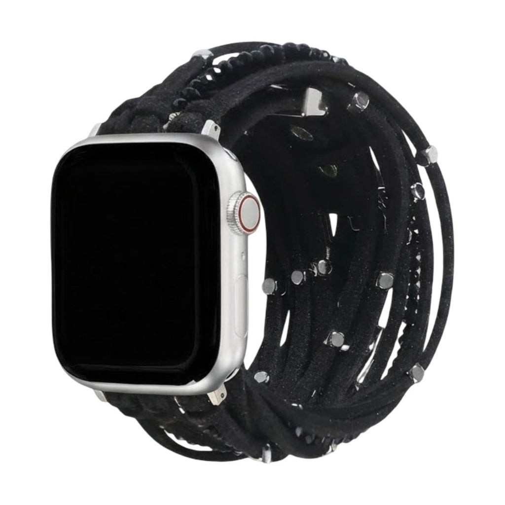 Bracelet multi-rangs en cuir suédé noir avec perles argentées, compatible Apple Watch, style chic bohème.
