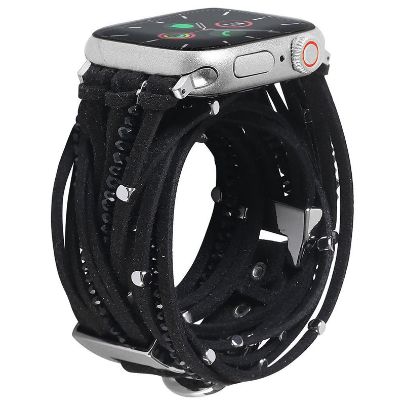 Bracelet noir multi-rangs en cuir suédé avec perles argentées, compatible Apple Watch, style bohème chic.