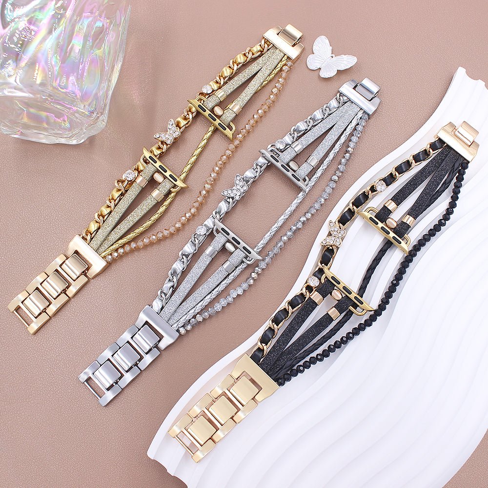 Multi-strand Apple Watch Bracelet, adjustable link design with butterfly charm, chic and elegant, Zoune model