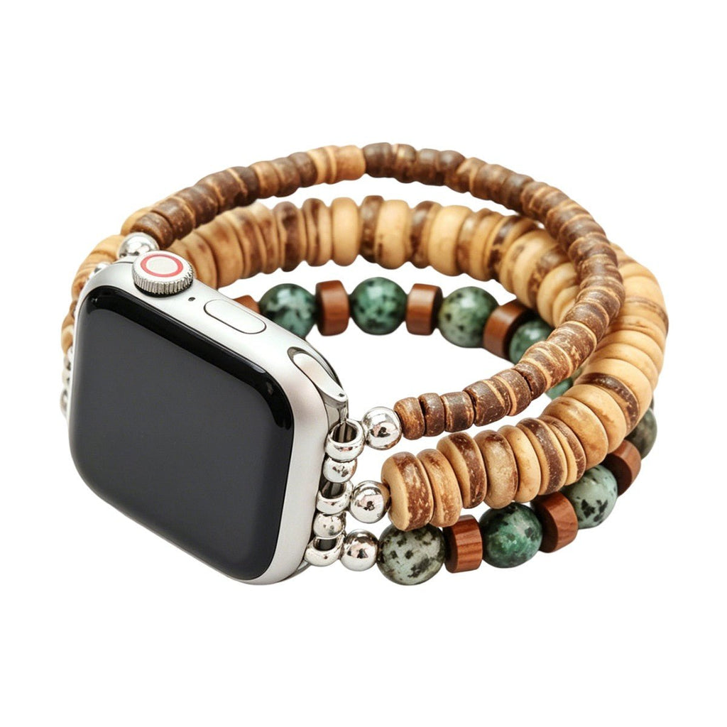 Brazalete Apple Watch multihilera, que combina la elegancia de la madera natural y el brillo de la turquesa africana, modelo Yidza
