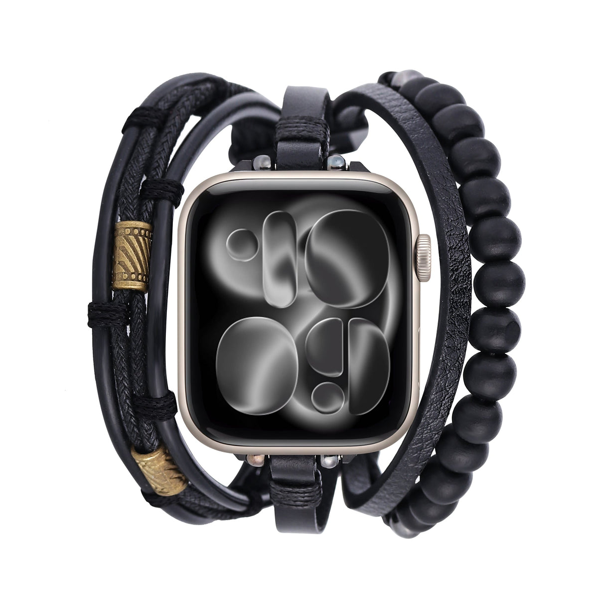Apple Watch multi-laags armband, leren armband met houten kralen voor heren, verstelbaar, accessoire voor smartwatch, karaktervolle armband, model Boya