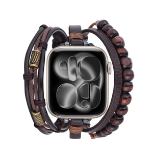 Πολυεπίπεδο βραχιόλι Apple Watch, ανδρικό δερμάτινο βραχιόλι με ξύλινες χάντρες, ρυθμιζόμενο, αξεσουάρ για smartwatch, βραχιόλι με χαρακτήρα, μοντέλο Boya
