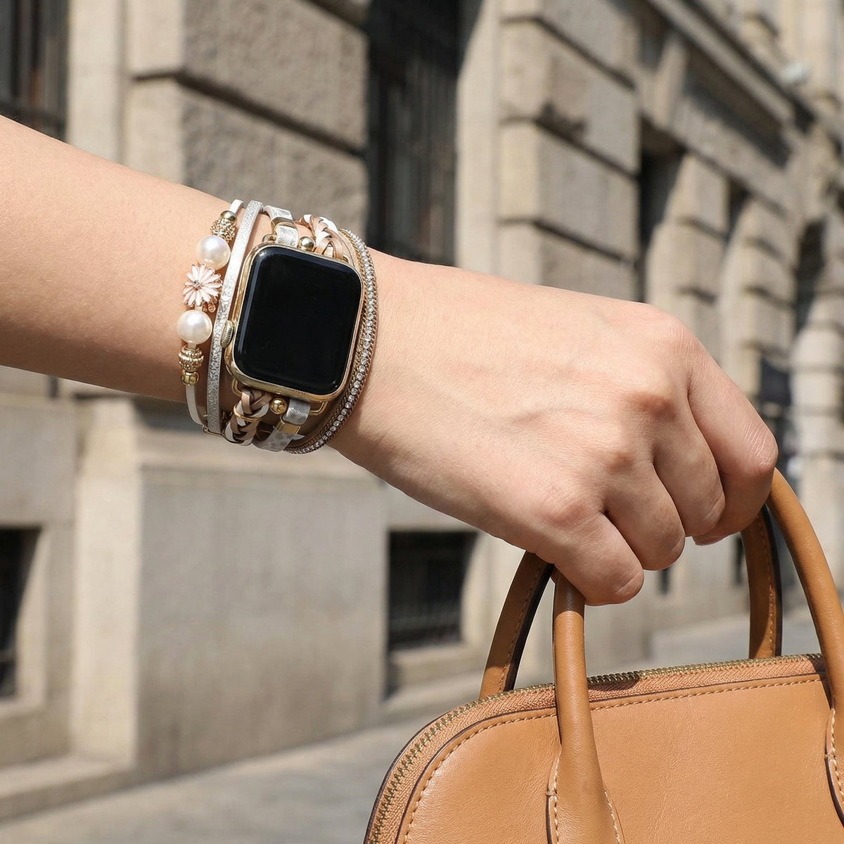 Bransoletka Apple Watch, wielorzędowa, z zawieszką kwiatową, dla kobiet, model Liberta