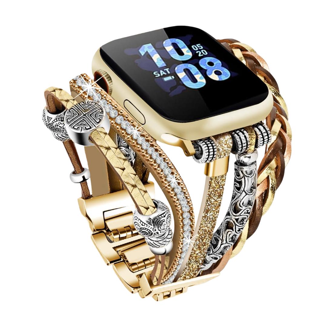Bracelet Apple Watch multi-rangs doré, bijou de poignet ajustable, lanières tressées et perles métalliques, accessoire élégant pour montre connectée, finition brillante et texturée, modèle Rédine