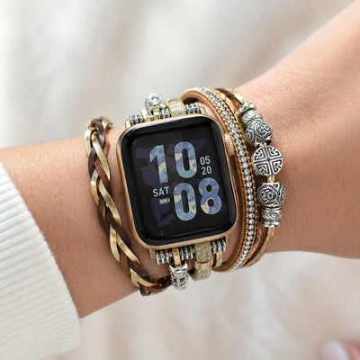 Bracelet Apple Watch multi-rangs doré, bijou de poignet ajustable, lanières tressées et perles métalliques, accessoire élégant pour montre connectée, finition brillante et texturée, modèle Rédine