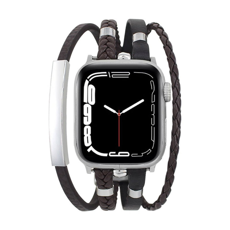 Bracelet Apple Watch multi-rangs en simili vegan, tressé et métal, plaque personnalisable, élégant et ajustable, modèle Héraclès image