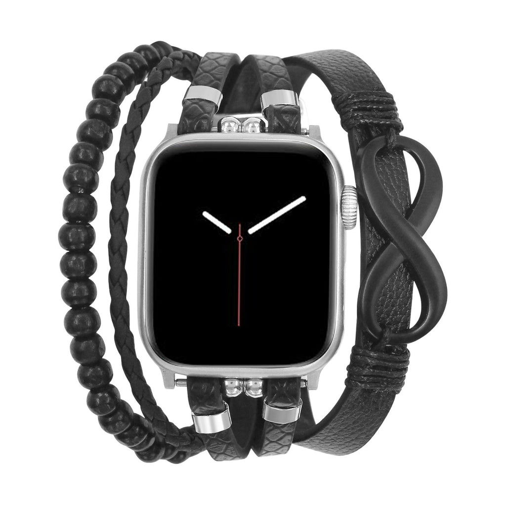 Bracelet Apple Watch multi-rangs noir avec perles en bois, ajustable, symbole infini, modèle Dziko