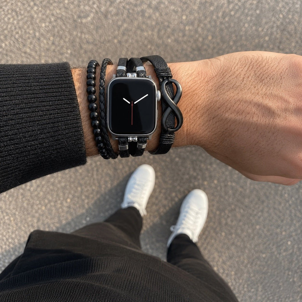 Bracelet Apple Watch multi-rangs noir avec perles en bois, ajustable, symbole infini, modèle Dziko