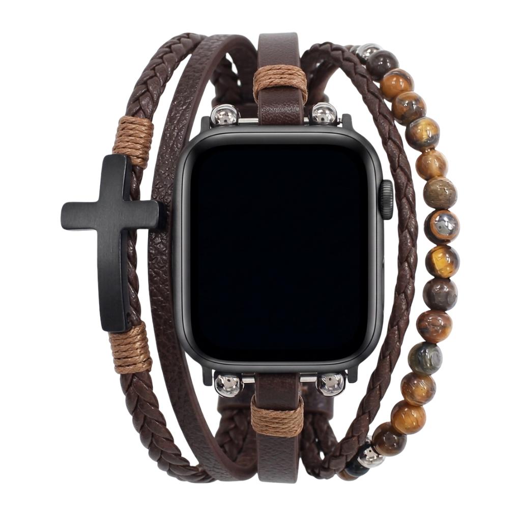 Apple Watch-armband med flera rader, tigeröga-pärlor och svart kors, veganskt konstläder, justerbart spänne, modell Caleb